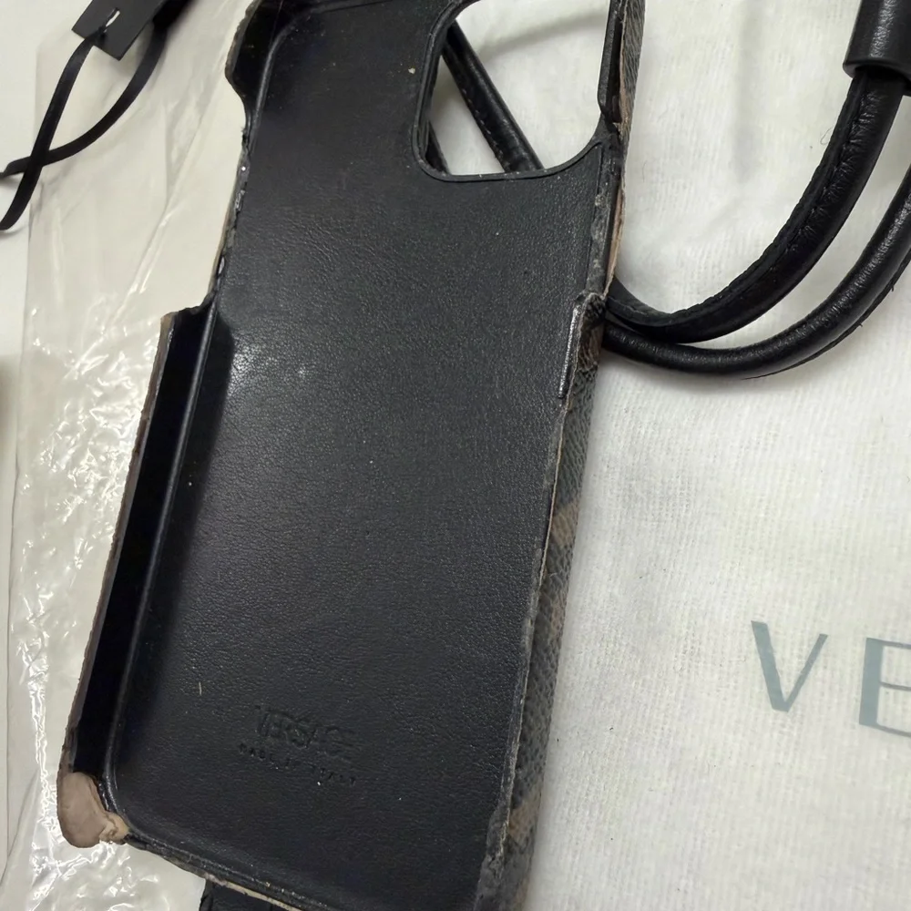 Versace Black Gray Patterned iPhone 12 hard cover with hand strap